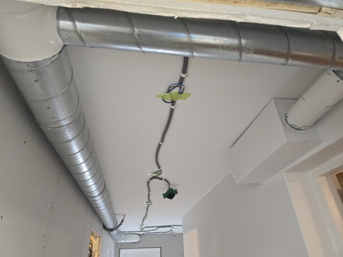 Gipstak med synliga ventilationstrummor och elinstallationer förbereds i en källarkorridor innan snickarna och målarna slutför renoveringsprojektet.