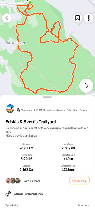 Karta över löprunda på Friskis & Svettis Trailyard, 26,81 km distans med olika information om tid, snittempo, och kaloriförbrukning.