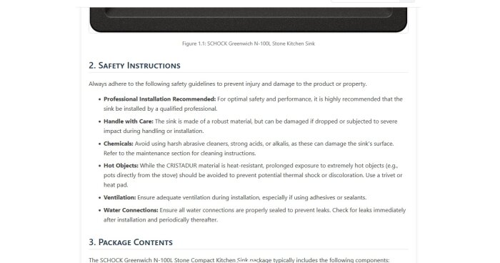 Instruktioner för säker hantering av SCHOCK Greenwich N-100L köksvask, inklusive försiktighetsåtgärder mot kemikalier, heta föremål och korrekt installation.