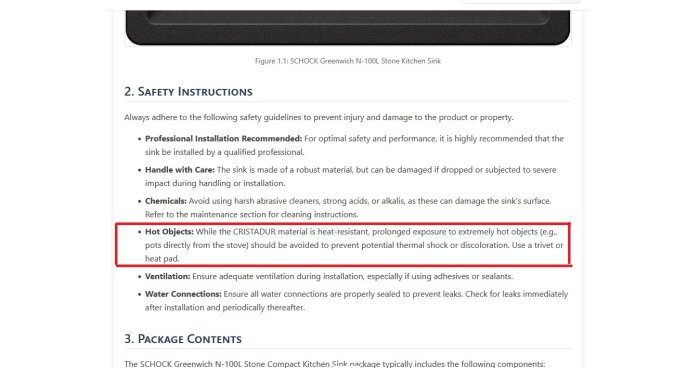 Säkerhetsinstruktioner för vask: undvik heta objekt direkt från spisen för att förhindra termisk chock eller missfärgning; använd underlägg.