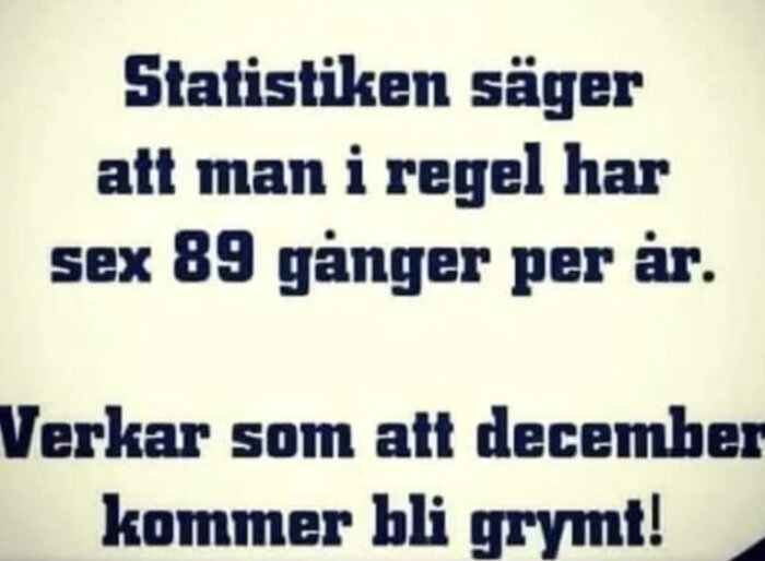 Text på bilden säger att statistik visar att man har sex 89 gånger per år och kommenterar att december kommer bli grymt.