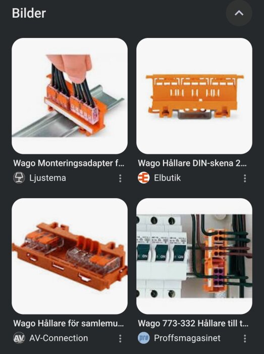Hållare för Wago-kopplingar monterade på DIN-skena, med kablar anslutna, visas i fyra olika produktbilder.