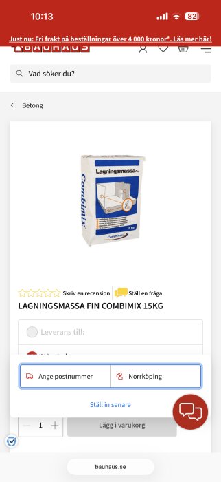 Lagningmassa Fin Combimix 15 kg, använd för källarrenovering, på en produktbild från en återförsäljartjänst online.