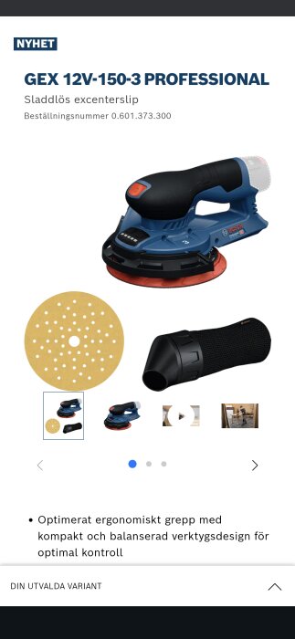 Bosch sladdlös excenterslip GEX 12V-150-3 med tillbehör, ergonomiskt designad för optimal kontroll och balans under användning.