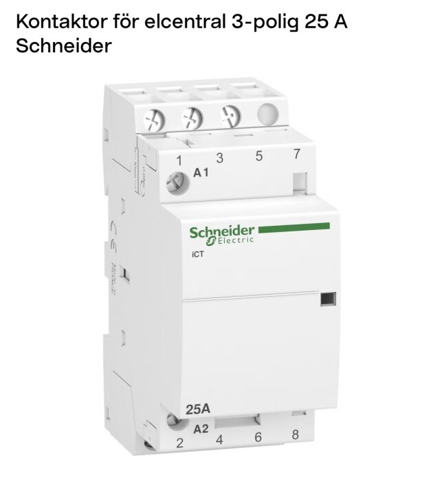 Schneider Electric 3-polig kontaktor för elcentral, 25 A, vit enhet med märkningar på framsidan för elektriska anslutningar och montering på DIN-skena.