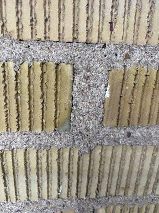 Närbild av tegelfasad från sent 50-tal med synliga fogar som behöver lagas; murbruket är poröst och beige med hög sandhalt.