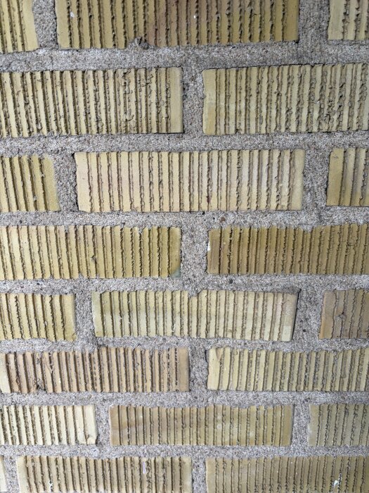 Tegelvägg från 50-talet med poröst, sandigt murbruk. Mörka och ljusa beige toner i både murbruk och tegel.