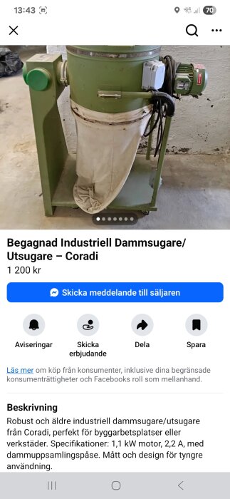 Begagnad grön industriell dammsugare/utsugare av märket Coradi med en dammpåse, lämplig för byggarbeten eller verkstäder.