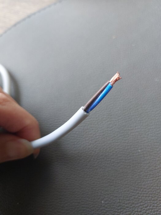 Vit kabel med avskalade ändar visar bruna och blå ledare, hålls i handen över en grå bakgrund.