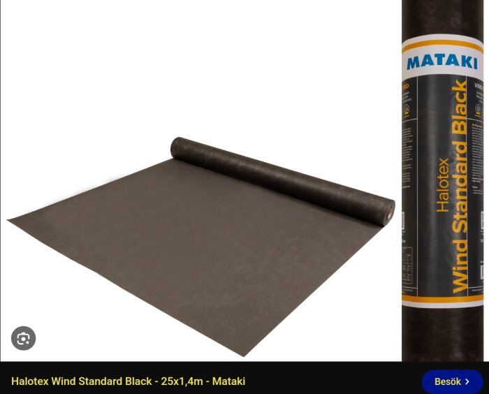 Rulle med svart vindskyddsmaterial, Halotex Wind Standard Black från Mataki, utrullad på golv.