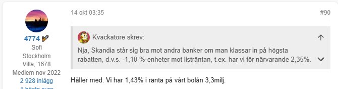 Diskussion om bolåneräntor med exempel på 1,43% och 2,35% samt kommentar om Skandias konkurrenskraft.