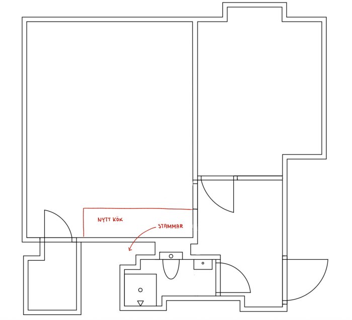 Planskiss över lägenhet med markerad plats för nytt kök och avloppsstam, visar möjliga ändringar för köksflytt i renoveringsprojekt.