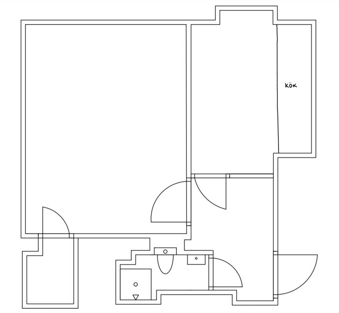 Planritning av lägenhet med markerat kök. Visar rumslayout inför köksflytt och badrumsrenovering. Fokus på el och vattenanslutningar.