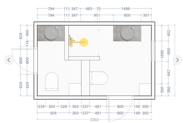 Ritning av badrum renovering, visar två separata toalettutrymmen med inredning och måttangivelser, inklusive dusch och handfat.