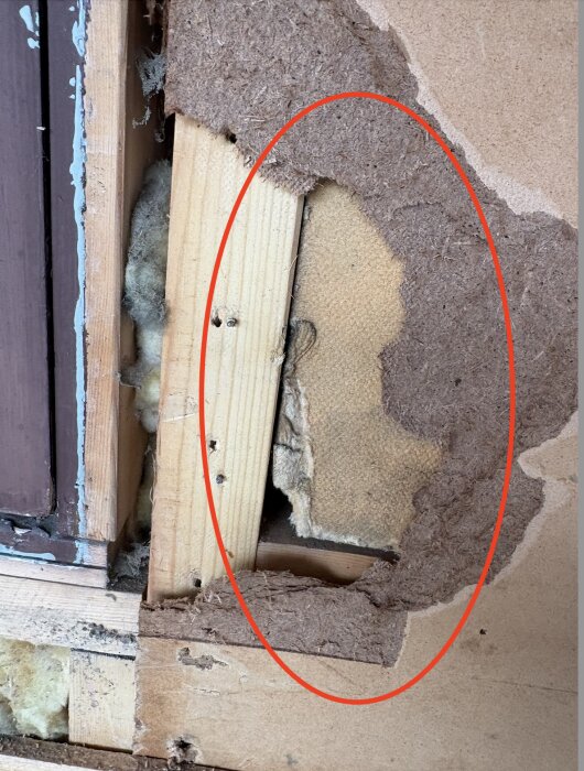 Närbild av en vägg från ett byggprojekt. Träfiberskivor och isolering bakom masonitskiva syns där väggen är öppnad. Markerat område med röd cirkel.
