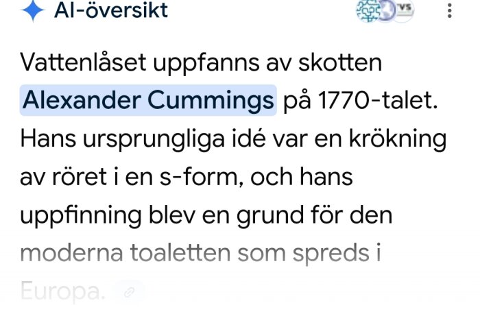 Text som beskriver hur vattenlåset uppfanns av Alexander Cummings på 1770-talet och dess betydelse för moderna toaletter.