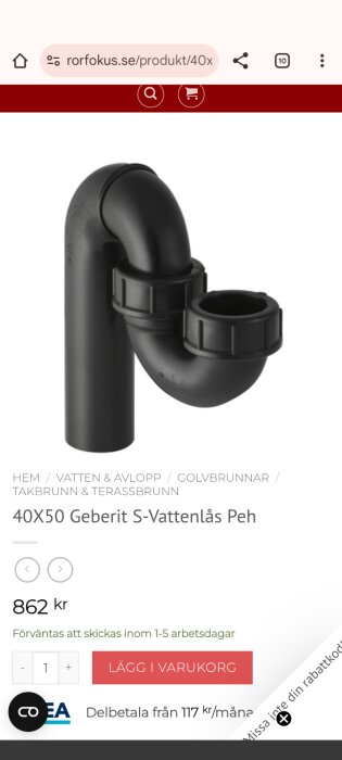 S-vattenlås av plast, modell 40X50, visas på en produktsida.