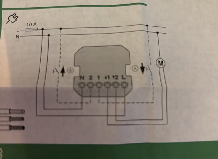 Schema för inkoppling av Schneider jalusibrytare, visar anslutningar för L, N och jord med en 10A säkring.