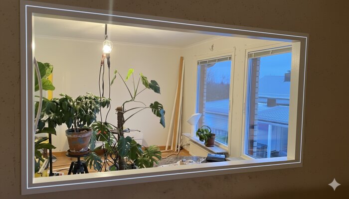 Inredning med flera gröna växter och lampa i ett rum med stora fönster och vitmålade väggar.