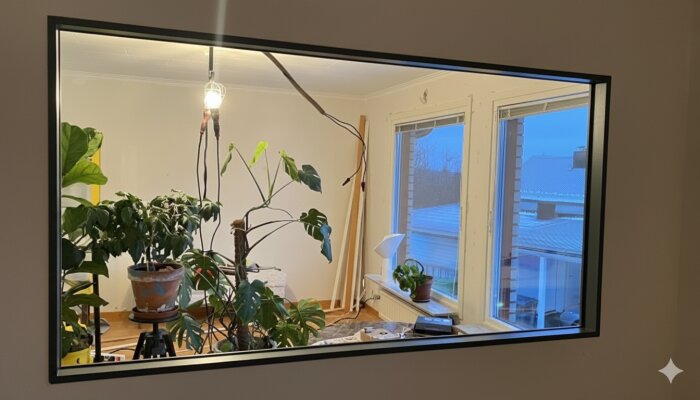 Utsikt genom ett fönster mot ett rum med stora krukväxter och en glödlampa i taket, flera fönster släpper in naturligt ljus.