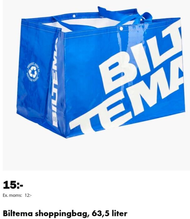 Blå Biltemapåse med vitt tryck och handtag, kapacitet 63,5 liter.