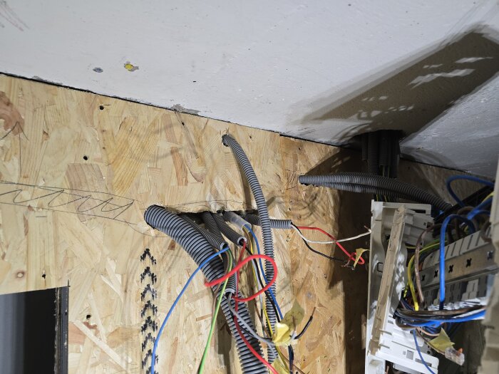 OSB-vägg med elkablar och rör som tränger igenom, synliga i närheten av en elcentral.