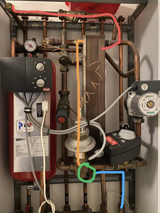 Värmesystem med färgmarkerade rör: Rött varmvattenrör, orange varmvattenledning, blått till golvvärme, grönt påfyllningsknapp, ESBE-ventil problem.