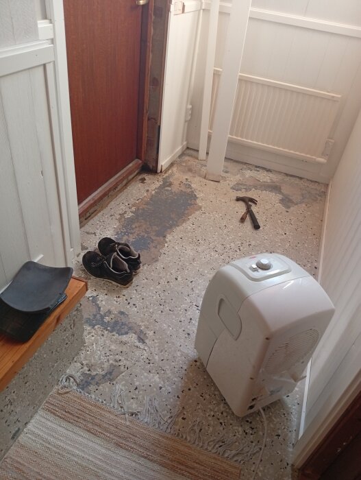 Källargolv med vattenfläckar, avfuktare, skor vid dörren och hammare på golvet, dörrkarm utan foder, problem med fukt och vattenintrång.