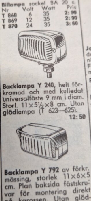 Gammal tidningsannons för backlampor, inklusive illustrationer av modellerna Y 240 och Y 792 med beskrivningar och priser.