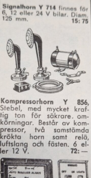 Tidningsannons med illustration av kompressorhorn Y 856 och signalhorn Y 714 för bilar, med produktbeskrivning och priser.
