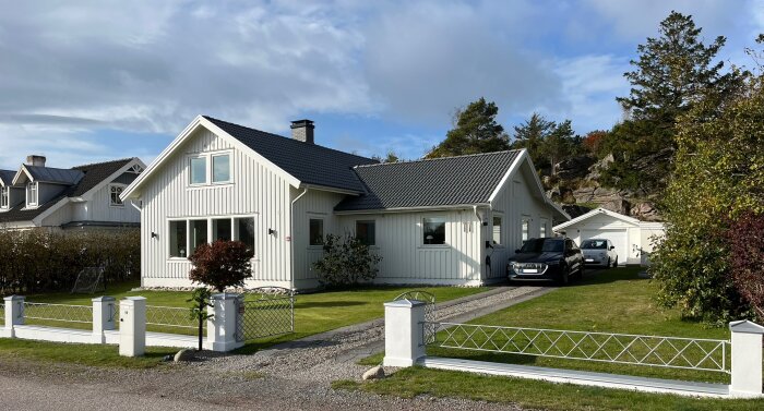 Vit villa med svart tak, vit grind och staket, gräsmatta, uppfart med bilar, omgiven av träd. Huset har stora fönster och en stenlagd gång.
