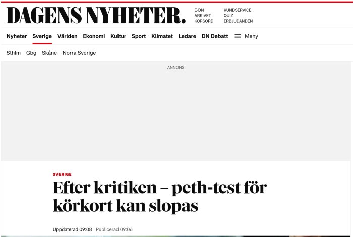 Artikelrubrik från Dagens Nyheter om att peth-test för körkort kan slopas efter kritik.