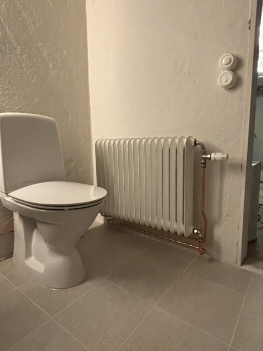 Toalett och element i ett badrum med vita väggar och ljusgrått klinkergolv.