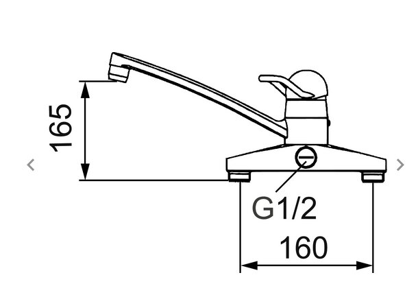 Diagram av blandare med mått, visande G1/2 gänga och sidoavstånd 160 mm, höjd 165 mm. Lämplig för vatteninstallationer.