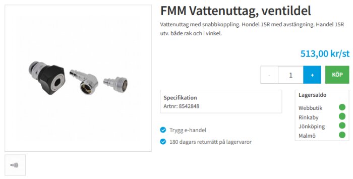 FMM vattenuttag ventil med snabbkoppling och Hondel 15R, för både rak och vinklad användning, visas med artikelnummer och pris.