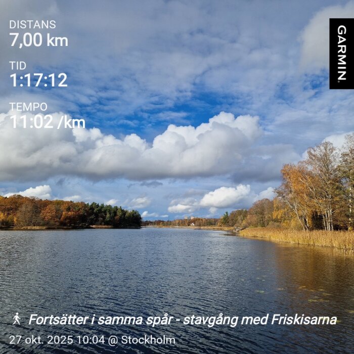 Sjön omgiven av höstfärgade träd under en molnig himmel, med träningsdata från en vandring i Stockholm.