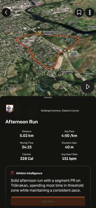 Löpning 5,02 km i Borlänge, Dalarna med en genomsnittlig hastighet av 4:50/km, höjdökning 40 m, genomsnittlig puls 151 bpm, personlig rekord vid Trökrakan.