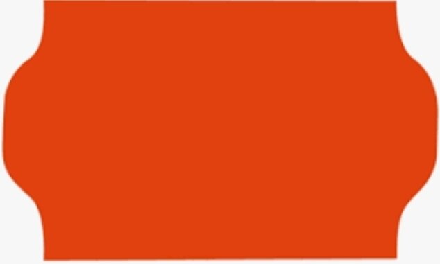 En röd, rektangulär prislapp med dekorativa klippta kanter.