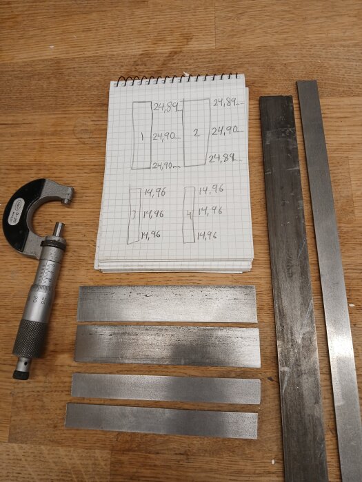 Uppsättning av 125 mm parallellbitar av plattstång, mikrometer, och anteckningsbok med mätningar på träbord.