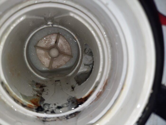 Insidan av ett smutsigt rör med rester och avlagringar, fokus på öppningen framtill.