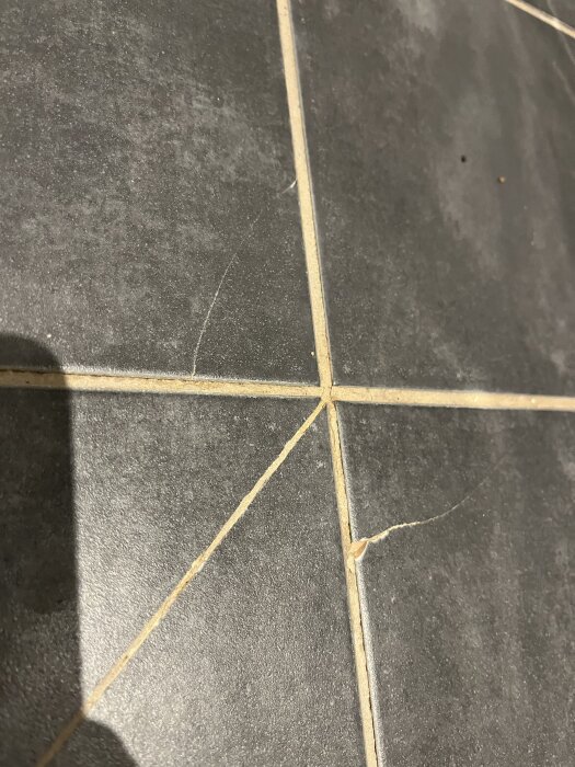 Spruckna kakelplattor i badrumsgolv med mörka fogar, fokus på skarv.