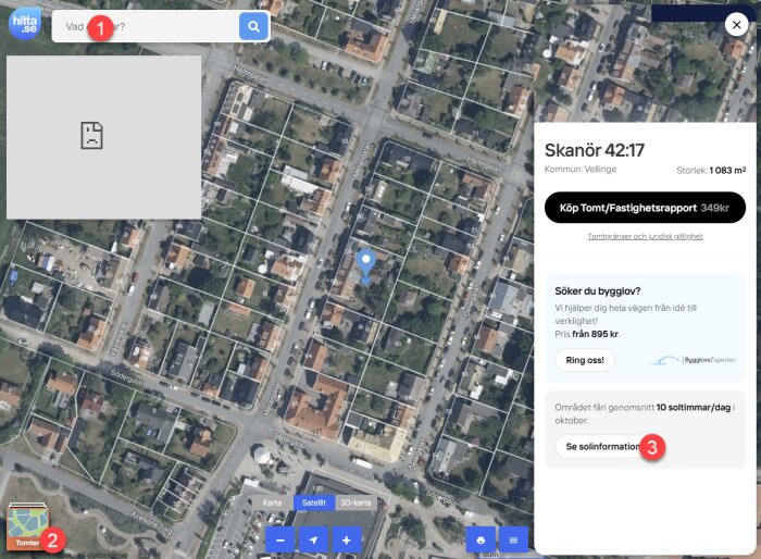 Satellitbild över ett bostadsområde med solinformation för en tomt markerad i Skanör, inklusive sökmeny och tomtpris.