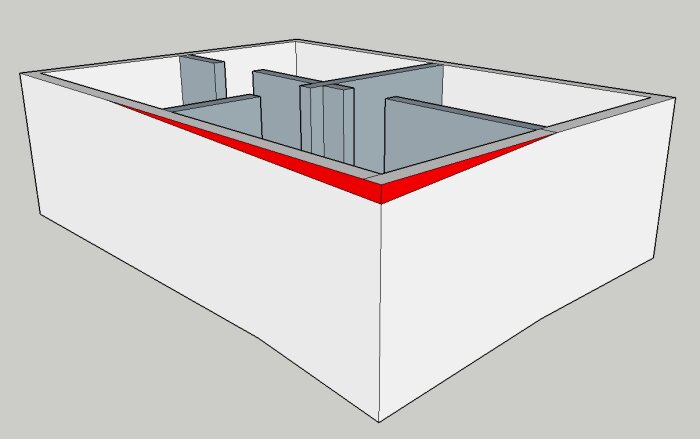 Skiss av byggnad med rödmarkering på krönet visar området som behöver muras eller gjutas.