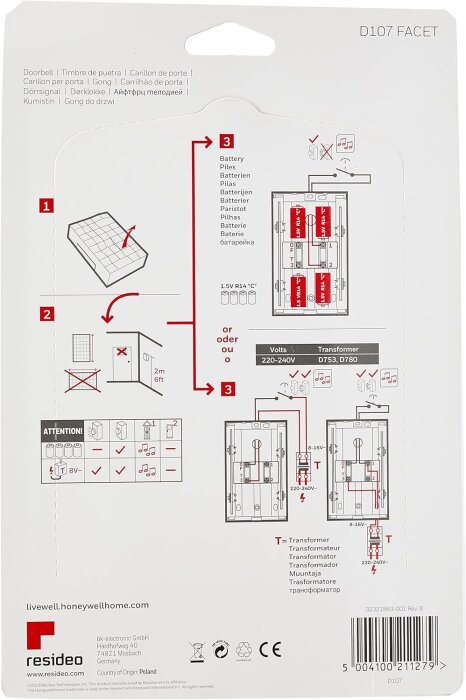 Förpackningsinstruktioner för montering av dörrsignal modell D107 Facet med detaljer för batteri, transformator och installationshöjd.
