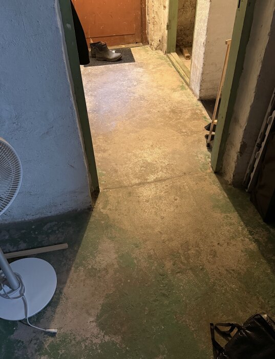 Bild av en källargång med sliten betonggolv, stängt brunt dörr, sko på matta, samt en golvfläkt och kvastskaft längs väggen.