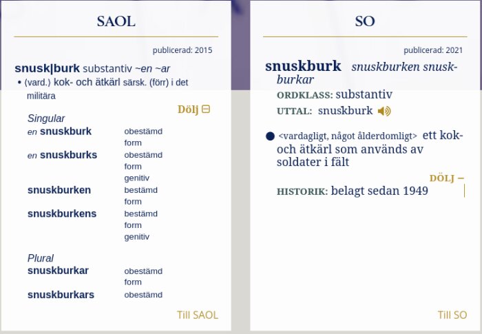 Sida från SAOL och SO som visar ordet 'snuskburk' med definitioner och historik.