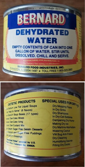 Konservburk med etikett för "dehydrated water" och listade användningsområden.