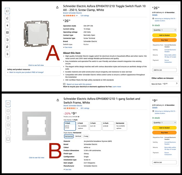 Produktbeskrivning av Schneider Electric Asfora strömbrytare och eluttag med eller utan ram.