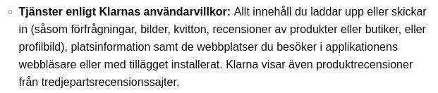 Klarna användarvillkor textutdrag som beskriver insamling av användardata och delning av produktrecensioner.