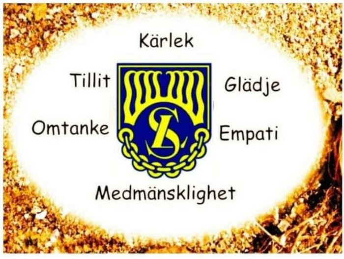 Sköld med en kedja och symbol omgiven av orden kärlek, glädje, empati, medmänsklighet, omtanke och tillit på en sandfärgad bakgrund.